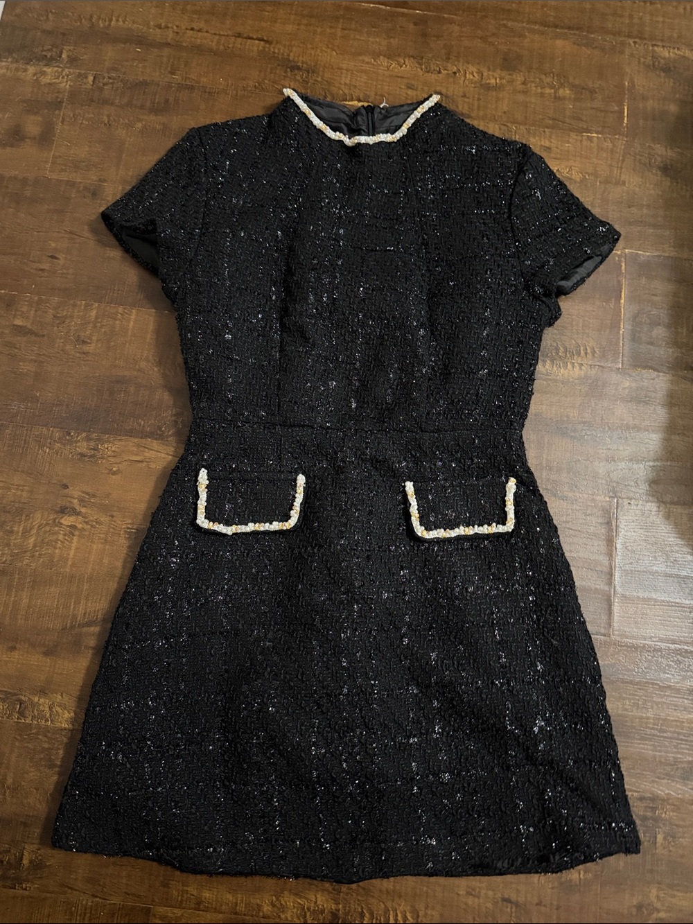 Black Tweed Short Sleeve Shift Dress with Pearl Trim